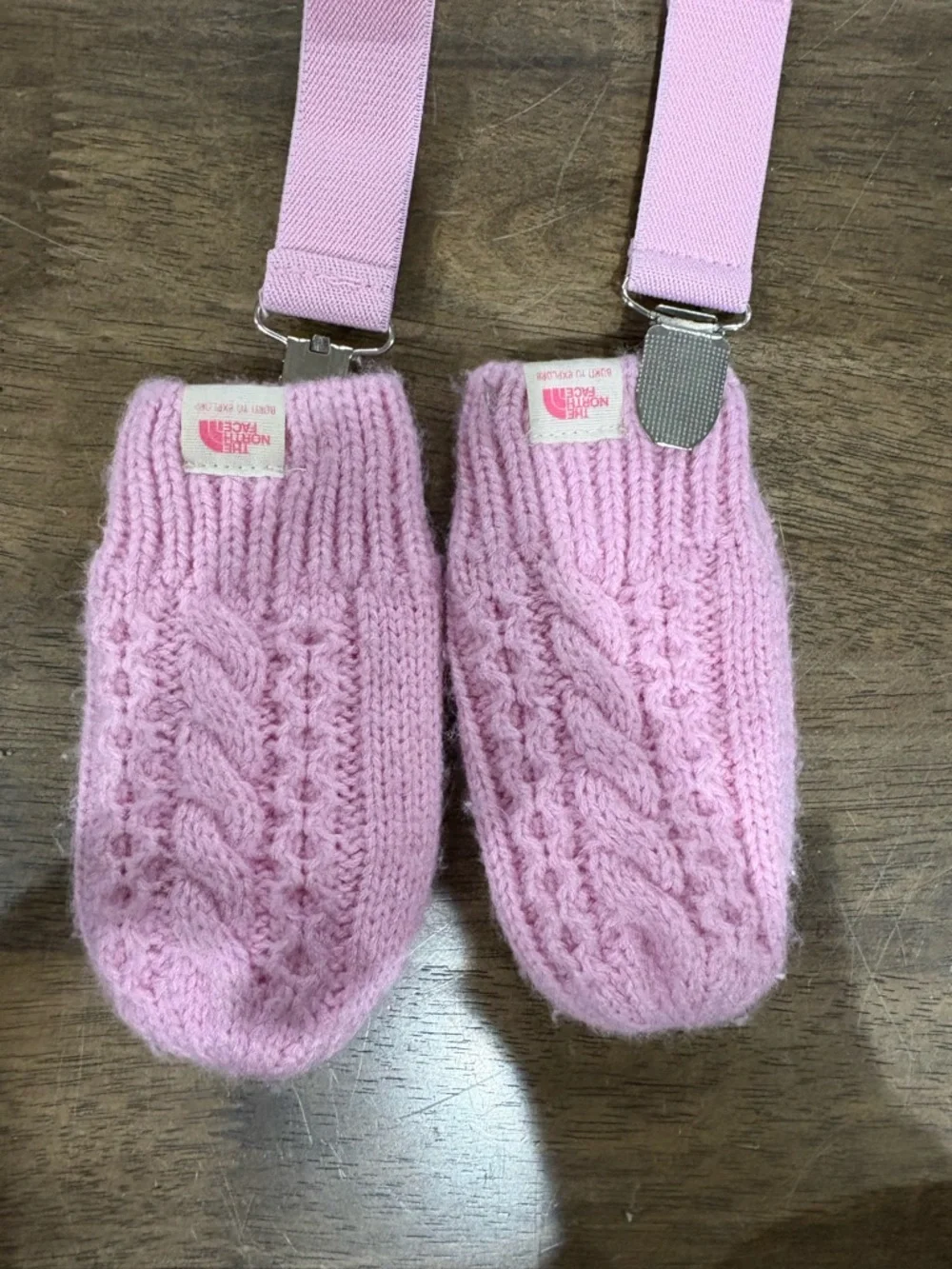 Infant Pink Knit Cable Mittens with Clip Straps